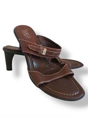 Nickels Brown Leather Buckle Mid-Heel Sandal Heels Open Toe Short Heel Neutral